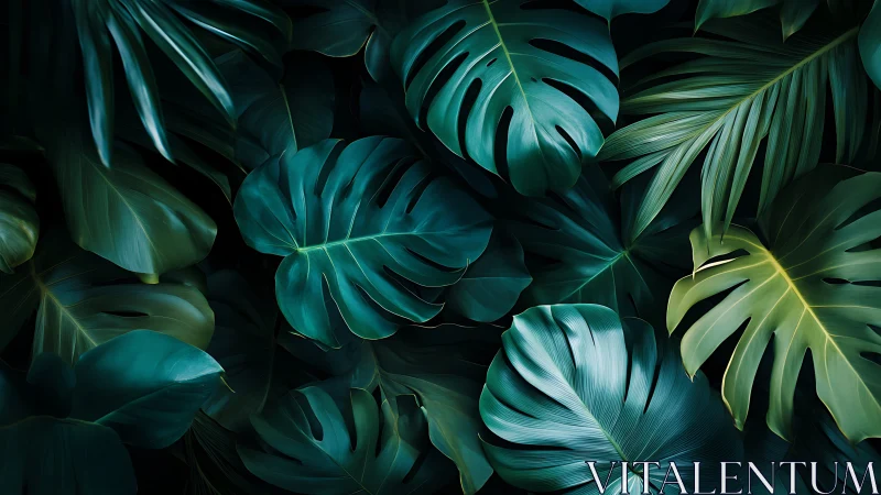 Dense overlapping tropical leaves in low directional light.