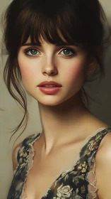 Velvet gaze and lace petals in a softly lit portrait hush.