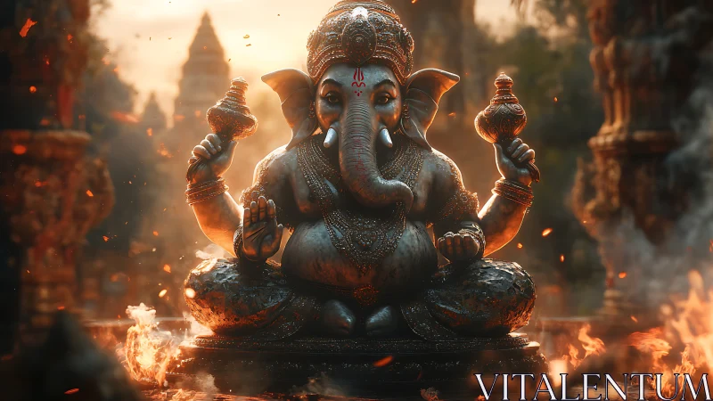 Ganesh bronze deity rendered in cinematic temple firelight.