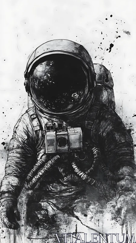 Monochrome ink illustration depicts solitary suited astronaut