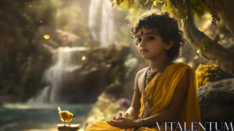 Young boy in yellow robes meditating by forest waterfall.