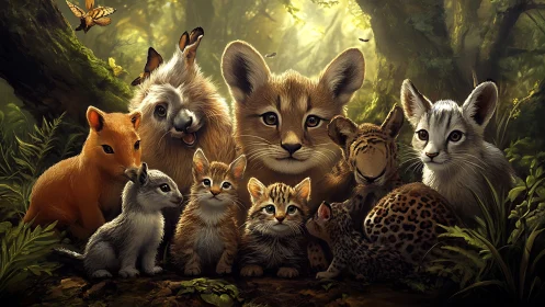Digital composition depicting multiple carnivorous mammals in forest setting.