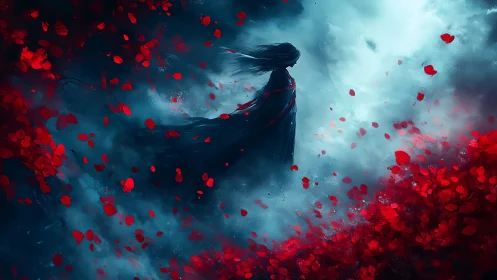 Silhouetted figure in stormlit fog amid turbulent red petals