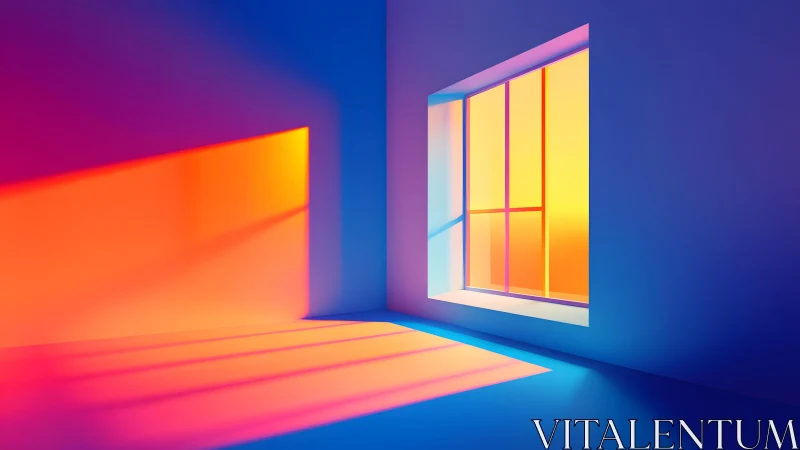 Vibrant minimalist room with colorful sunset light and modern style.
