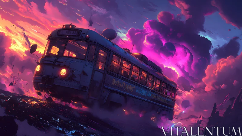 Retro bus crossing vivid storm clouds at sunset sky.