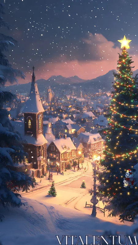 Snow covered village street shows decorated Christmas tree