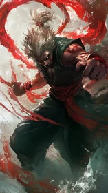 Ferocious warrior unleashing red vortex energy strike.