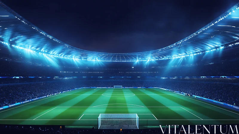 Electric midnight arena cradling a luminous emerald pitch.