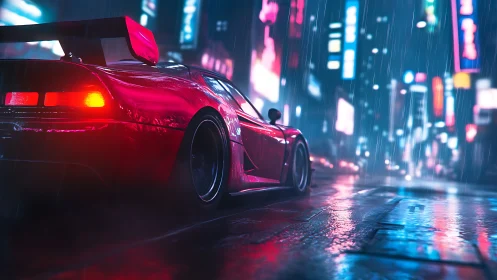 Crimson street racer hums through neon rain-slicked midnight.