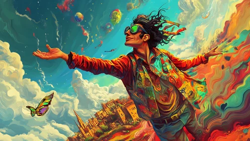 Vibrant surreal figure embracing skyward dreamscape horizon