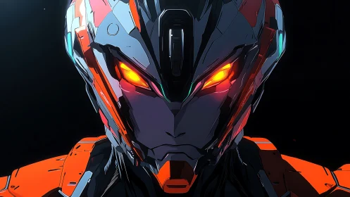 Helmeted humanoid mecha face is rendered in frontal view