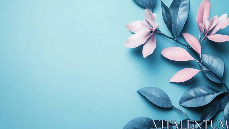Minimalist blue background hosts stylized pink magnolia branch