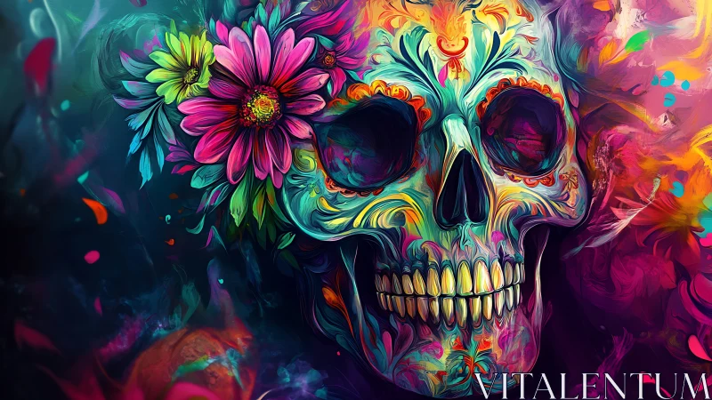 Floral sugar skull ignites neon swirls of life and afterglow.