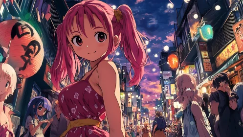 Pink haired festival wanderer under lantern painted twilight.