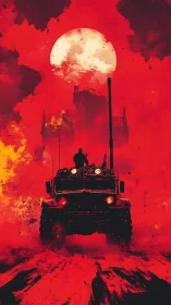 Armored truck advances under oversized sun in red sky