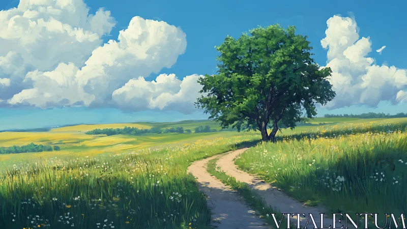 Rural dirt path curving through meadow toward lone tree.