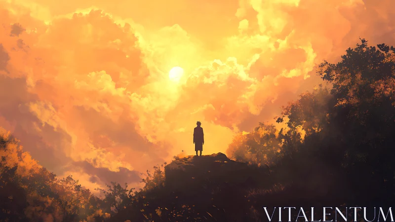 Backlit solitary figure on ridge facing volumetric sunset sky.