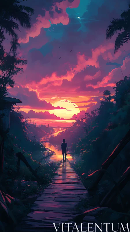 Solitary traveler walks jungle boardwalk toward neon sunset