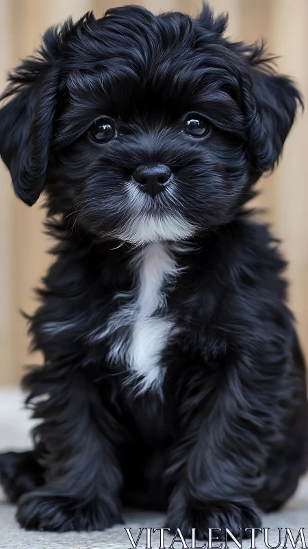 Black puppy with white chest marking sits on stone floor