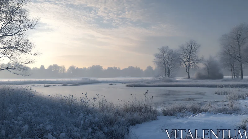 Subzero riverside wetland under diffuse winter radiance.