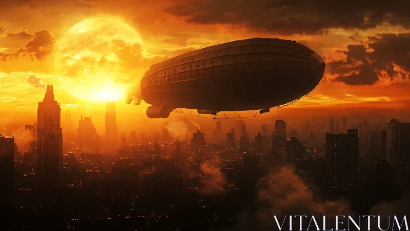 Dirigible over dense megacity at solar-infused sunset sky