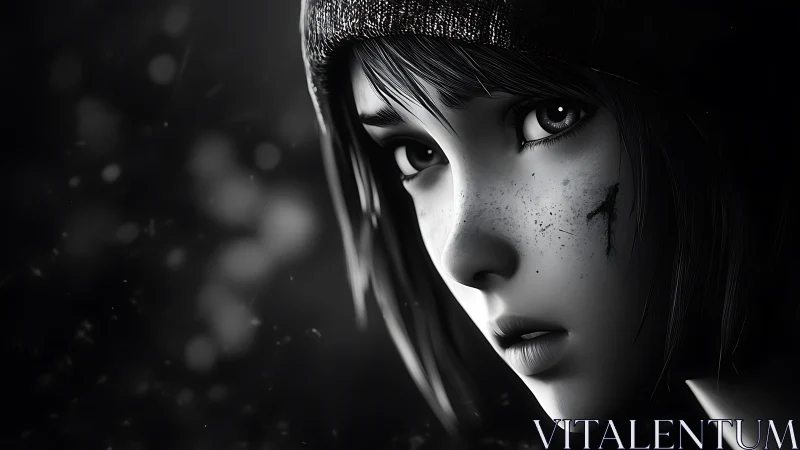 Gazed resolve in monochrome, freckled girl with scarred face.