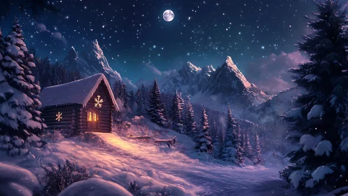 Snowy mountain cabin under starlit winter night sky.