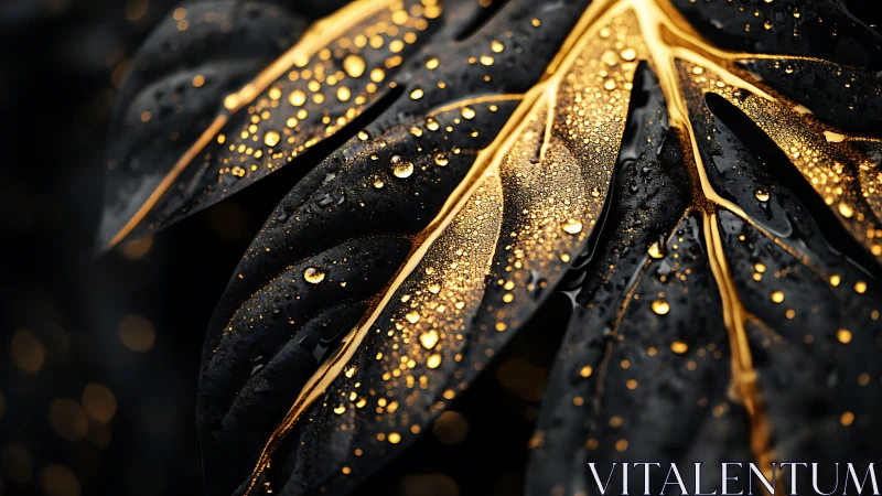 Gold-veined dark leaf with water droplets in close view.