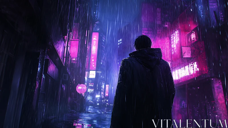 Noir silhouette in neon-saturated cyberpunk rain corridor.