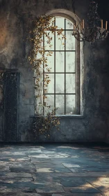 Sunlit ivy climbs a weathered arched window in silence.