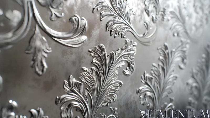 Ornate silver baroque pattern wallpaper with embossed texture.