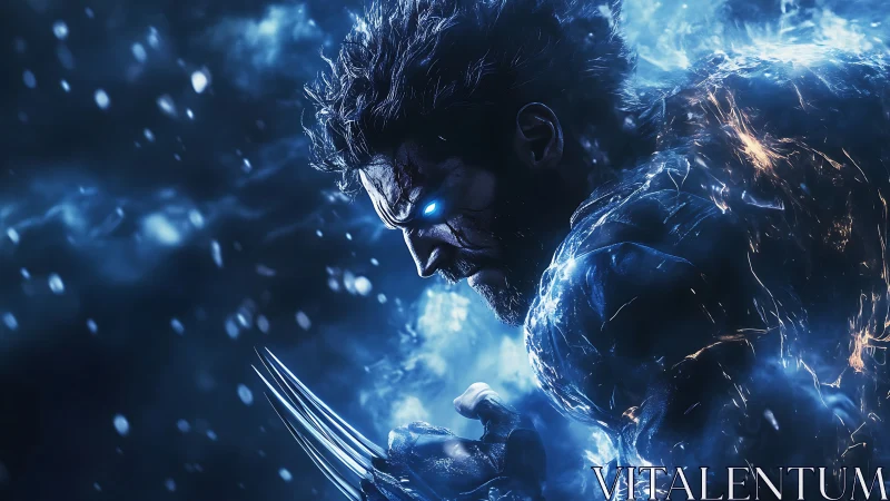 Cybernetic warrior charging through blue plasma storm field