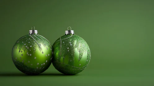 Highly reflective green baubles with glittered surface detail