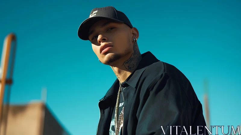 Urban portrait captures confident man under vivid sky.