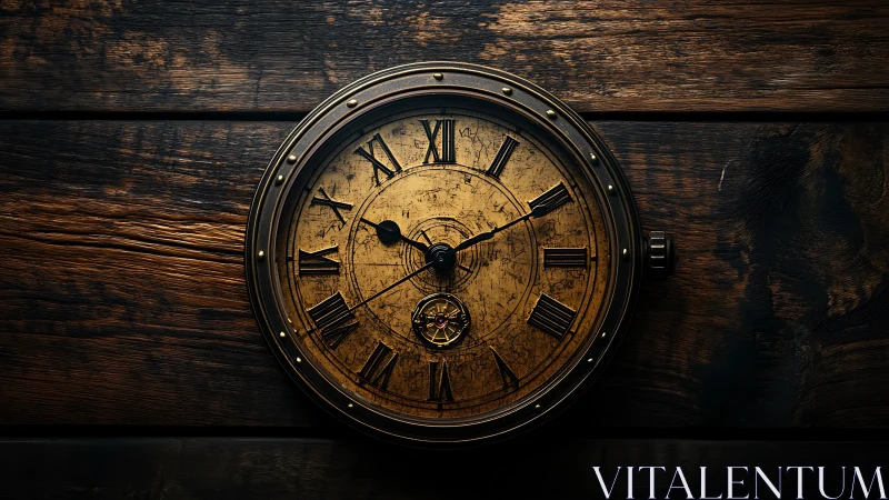 Weathered brass clock resting quietly on rustic wood walls.