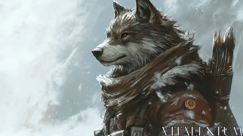 Armored wolf archer standing in a cold snowy blizzard.