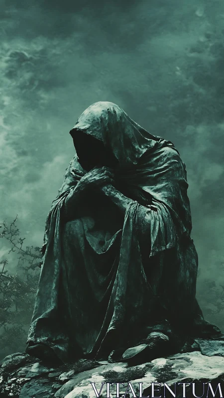 Hooded stone wraith broods on a crag beneath storm clouds