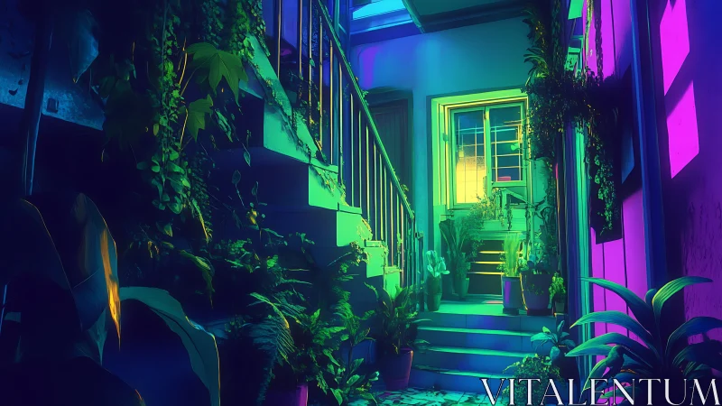 Neon stairwell garden under dramatic bi-color lighting.