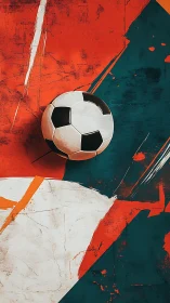 Soccer ball on abstract red, teal and white background.