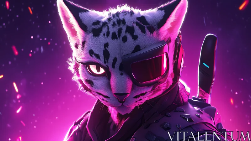 Cybernetic snow leopard operative under neon magenta rim lighting