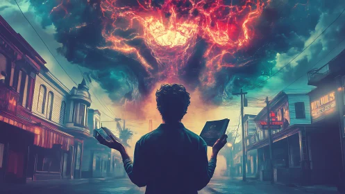 Backlit reader confronts apocalyptic nebula over deserted street
