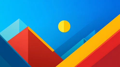 Geometric mountain planes under segmented sun in blue sky.