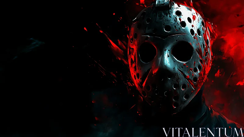 Hockey mask killer portrait in violent red-black haze.