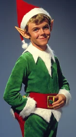 Mischief-eyed Christmas elf beaming in plush green velvet.