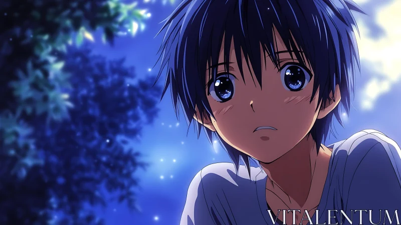 Melancholic anime boy under glowing blue night sky.