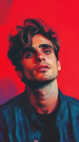 Intense digital portrait of young man on vivid red background.