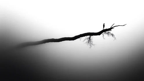 Solitary figure on a tree branch in minimalistic black and white art.