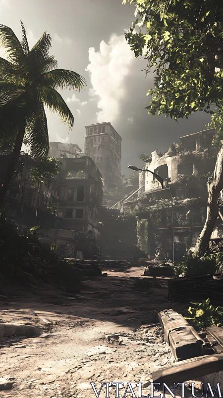 Post-urban tropical ruin corridor under volumetric daylight.