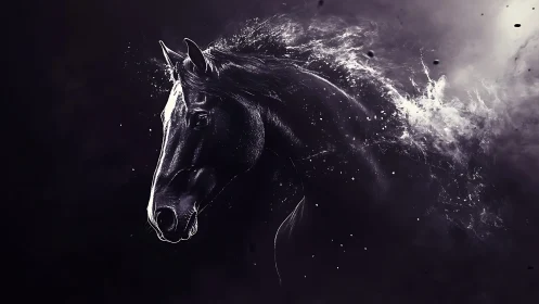 Dark spectral horse head dissolving into smoky light.