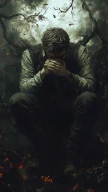 Solitary man seated amid dark branches and embers.